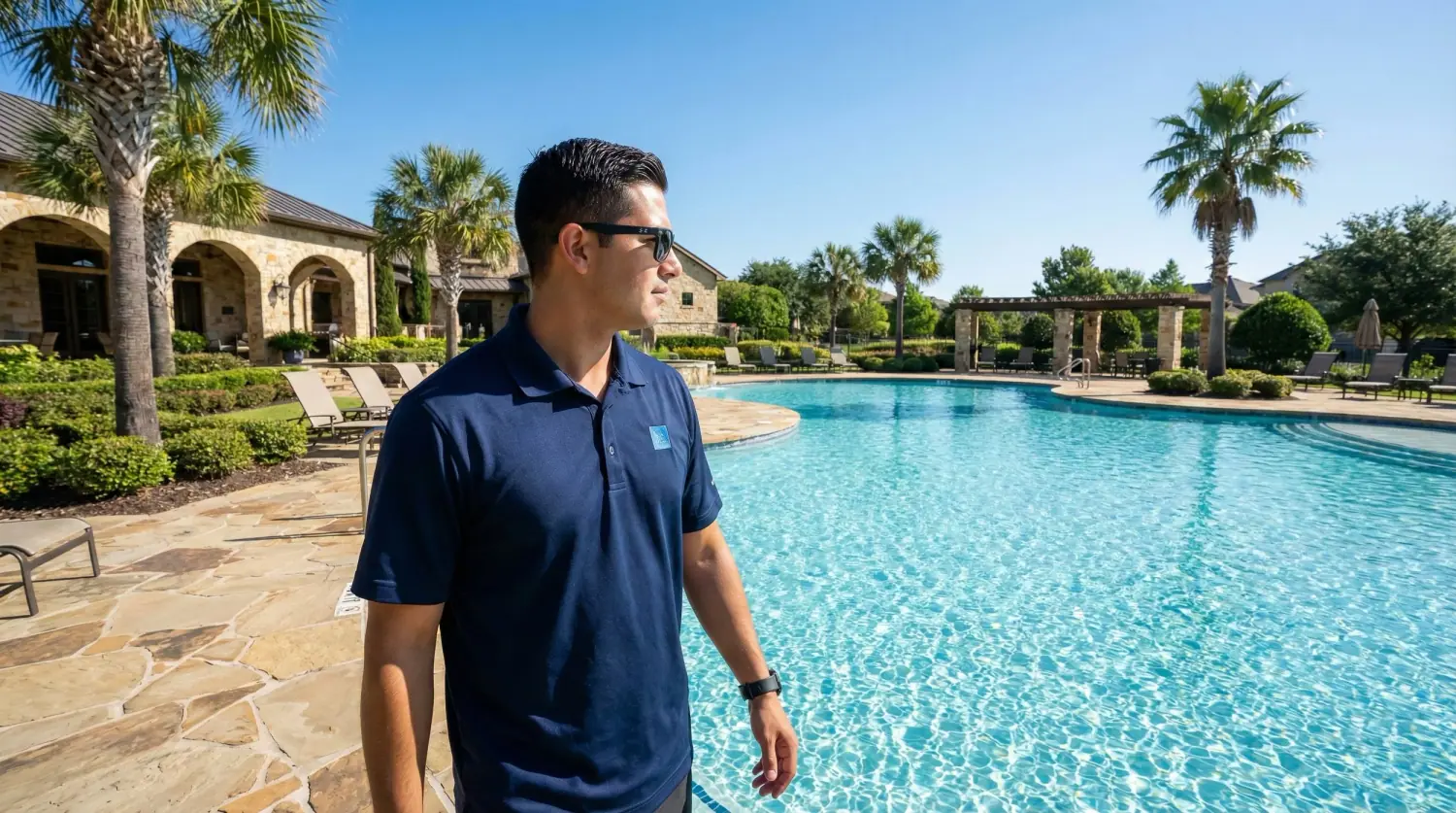 A uniformed TPAC pool attendant on duty beside a community pool