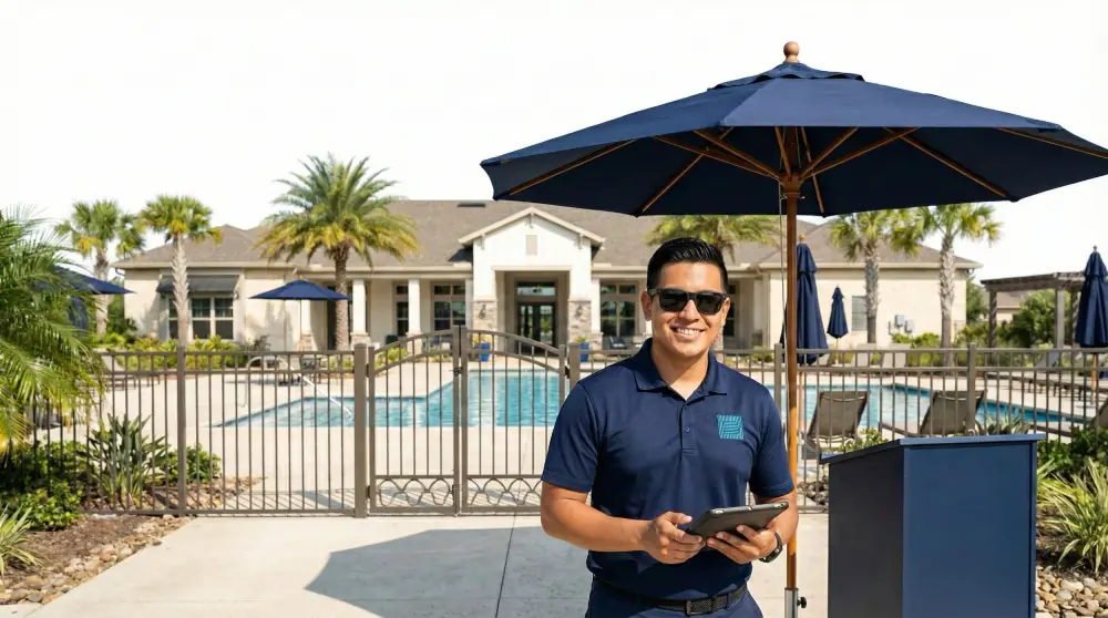 TPAC pool attendant keeping watch over a residential community pool deck during a safety round