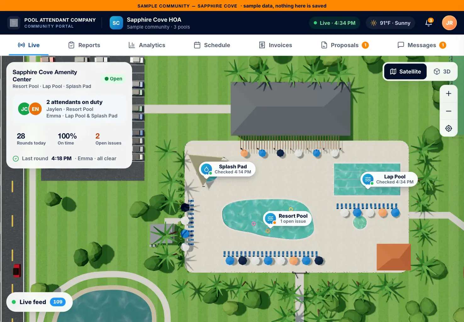 The community portal's Live view for Sapphire Cove, a sample community: three pools, two attendants on duty and the last safety round
